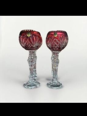 VTG Bohemian Cranberry Cut to Clear Hand Cut Crystal Goblet 12" (Set Of 2)